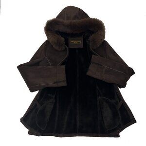 Marvin Richards Fox Fur Hood Trim Faux Leather Suede Brown Jacket Coat Womens L